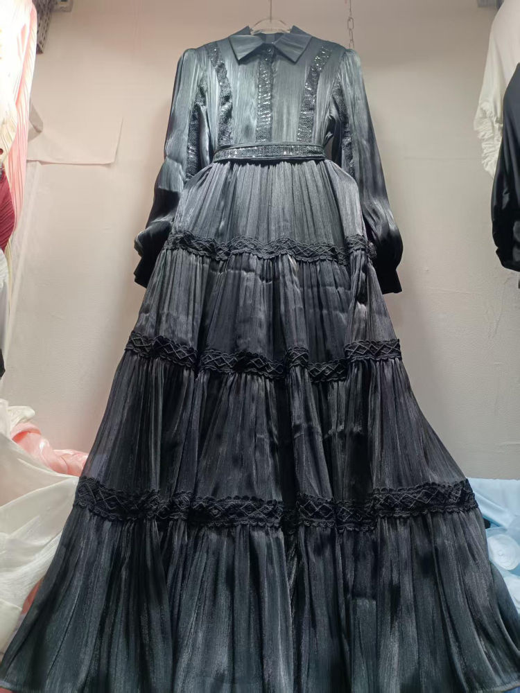 TWOTWINSTYLE Lapel Patchwork Lace Up Vintage Dress