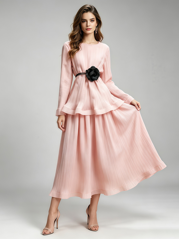 TWOTWINSTYLE Round Neck Long Sleeves Flower Belt Top Solid Large Hem Skirt Elegant Set