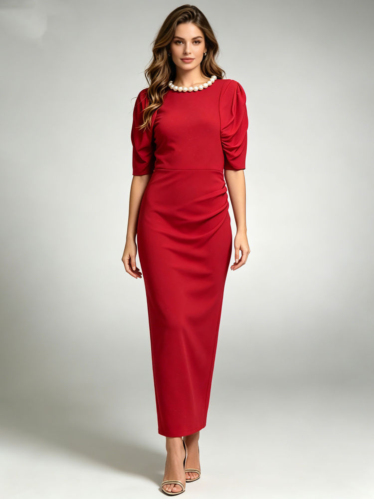 TWOTWINSTYLE Round Neck Spliced Pearl Ruched Elegant Dress