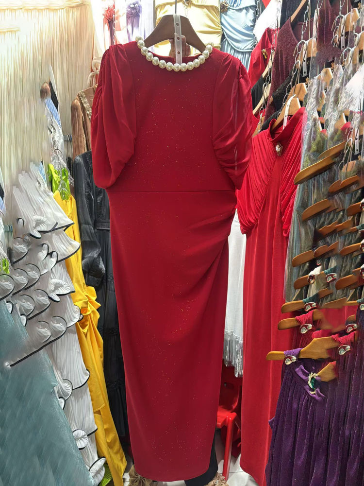 TWOTWINSTYLE Round Neck Spliced Pearl Ruched Elegant Dress