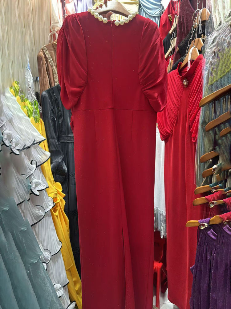 TWOTWINSTYLE Round Neck Spliced Pearl Ruched Elegant Dress