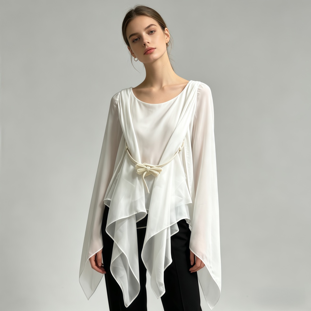 TWOTWINSTYLE Solid Bell Sleeves Woven Belt Irregular Chic Blouse