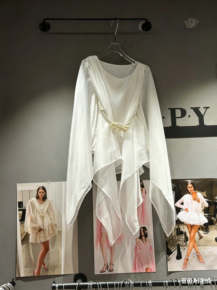 TWOTWINSTYLE Solid Bell Sleeves Woven Belt Irregular Chic Blouse