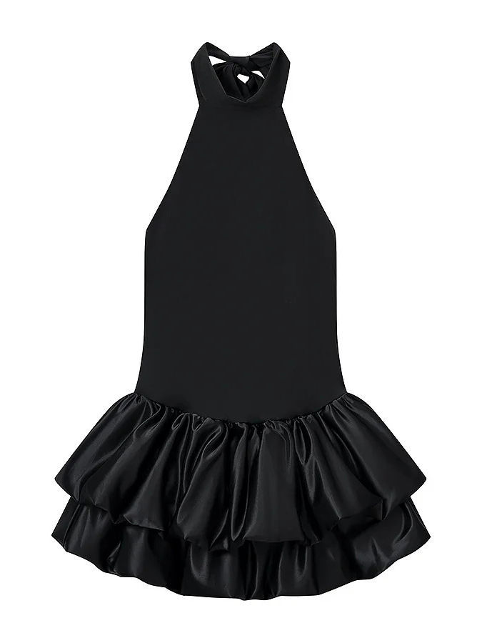 TWOTWINSTYLE Solid Stand Collar High Waist Pleated Chic Dress