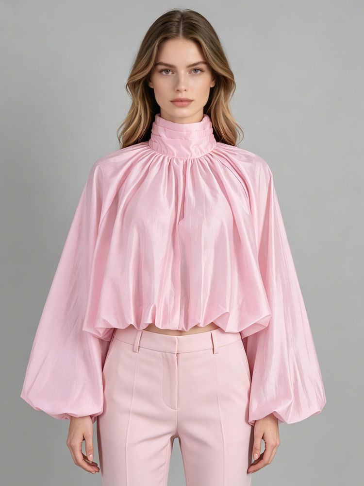 TWOTWINSTYLE Stand Collar Long Sleeve Casual Crop Top