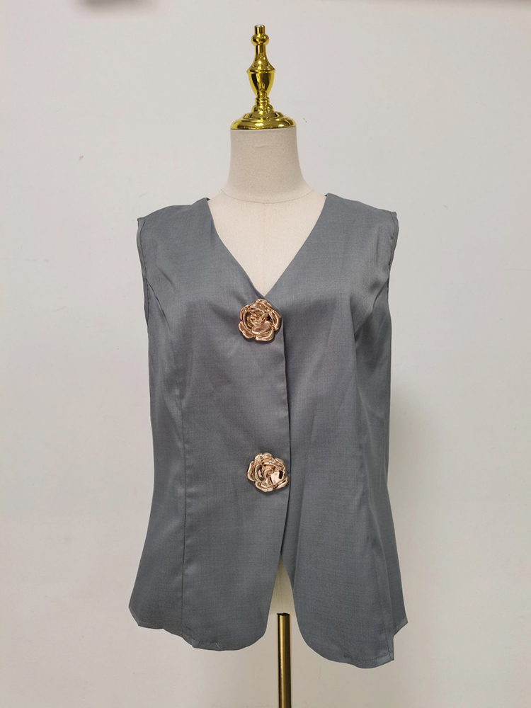 TWOTWINSTYLE V Neck Sleeveles Patchwork Metal Button Tunic Fashion Vest