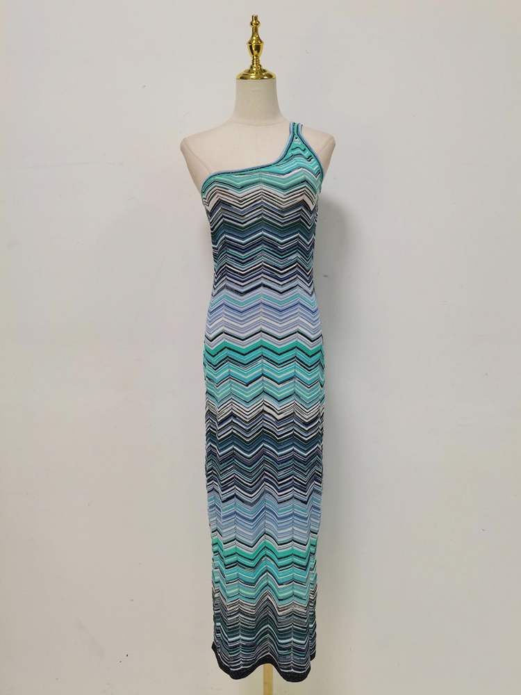 TWOTWINSTYLE Elegant Off One Shoulder Striped Tunic knitting Dress
