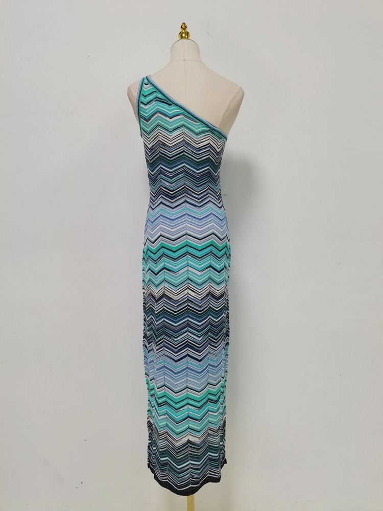 TWOTWINSTYLE Elegant Off One Shoulder Striped Tunic knitting Dress
