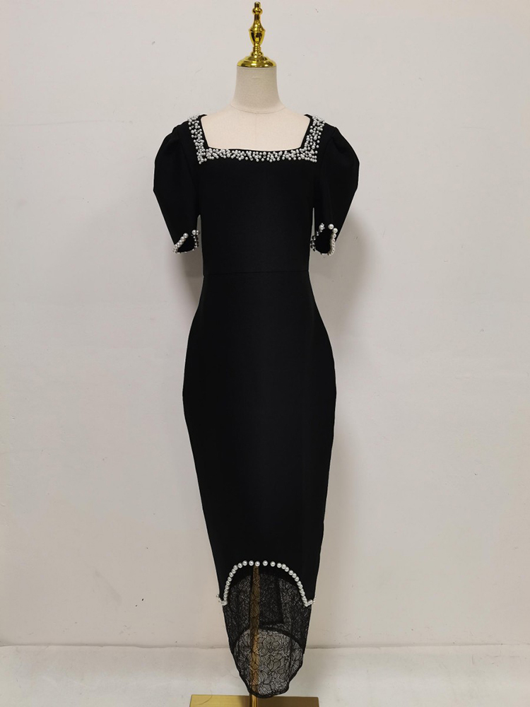 TWOTWINSTYLE Square Neckline Spliced Pearl Lace Fashion Dress
