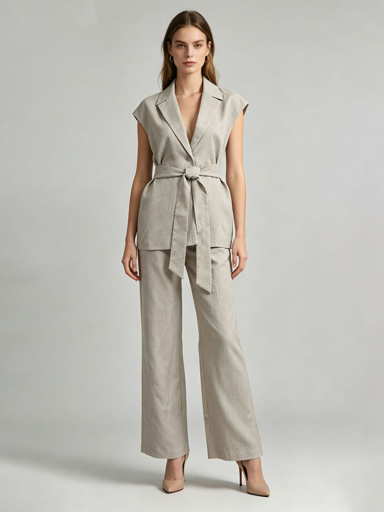 TWOTWINSTYLE Lapel Sleeveles Patchwork Lace Up Loose Pants Fashion Set