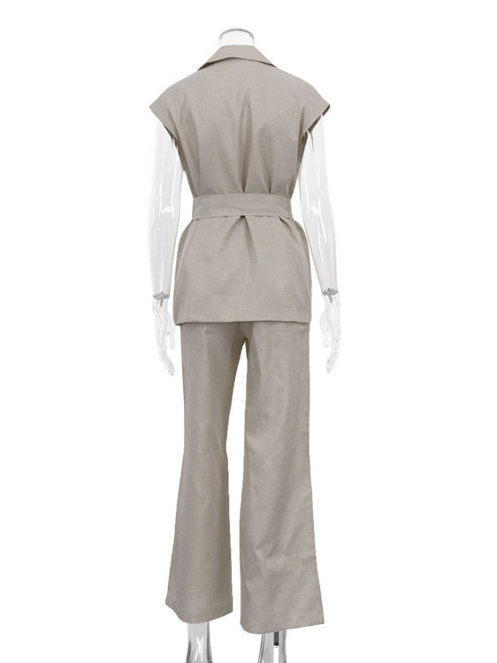 TWOTWINSTYLE Lapel Sleeveles Patchwork Lace Up Loose Pants Fashion Set