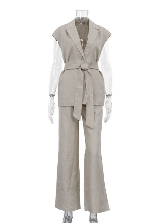 TWOTWINSTYLE Lapel Sleeveles Patchwork Lace Up Loose Pants Fashion Set