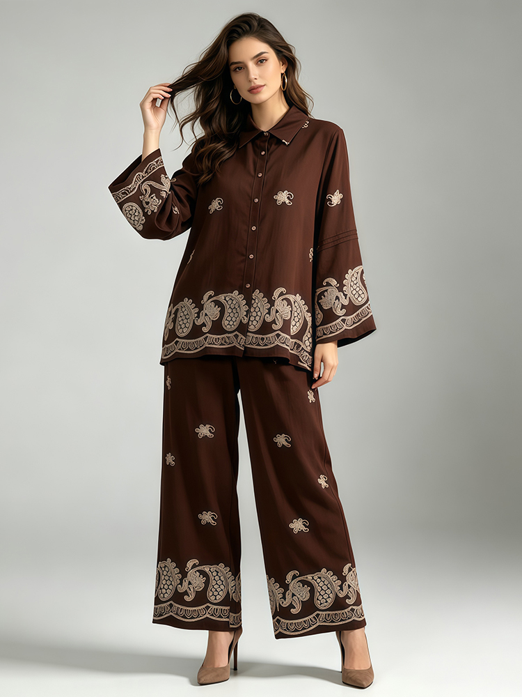 TWOTWINSTYLE Lapel Spliced Embroidery Shirt Elastic Wide Leg pants Vintage Dress