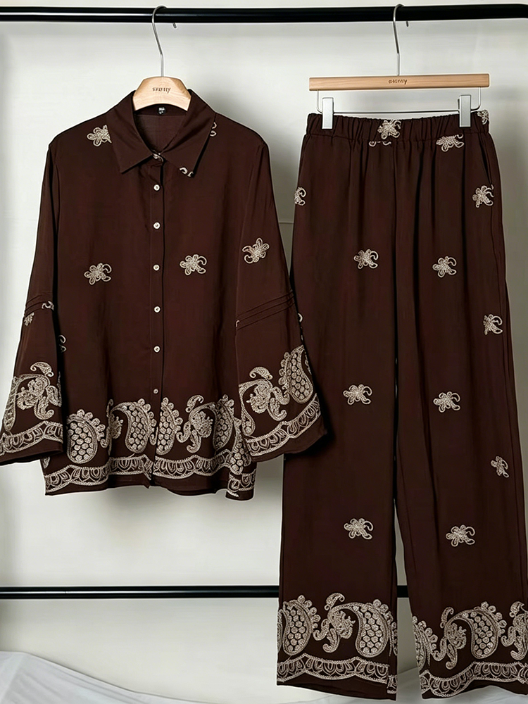TWOTWINSTYLE Lapel Spliced Embroidery Shirt Elastic Wide Leg pants Vintage Dress