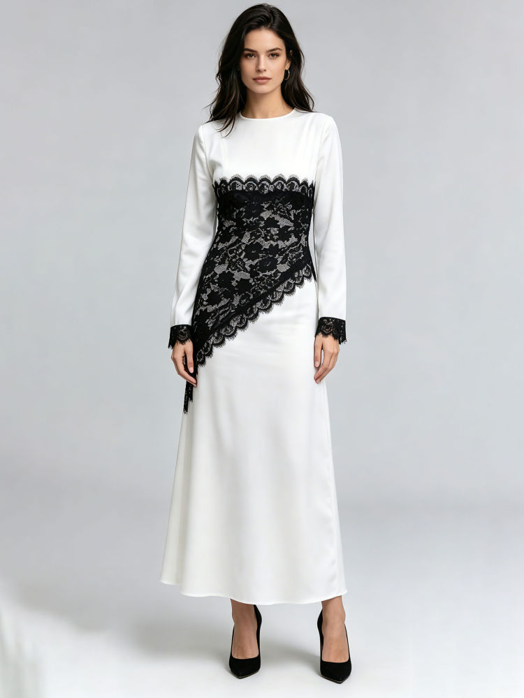 TWOTWINSTYLE Round Neck Long Sleeve Hit Color Elegant Dress