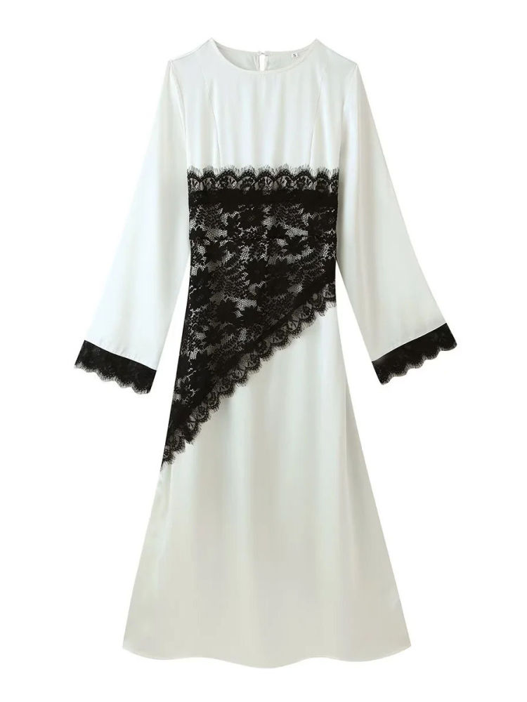 TWOTWINSTYLE Round Neck Long Sleeve Hit Color Elegant Dress