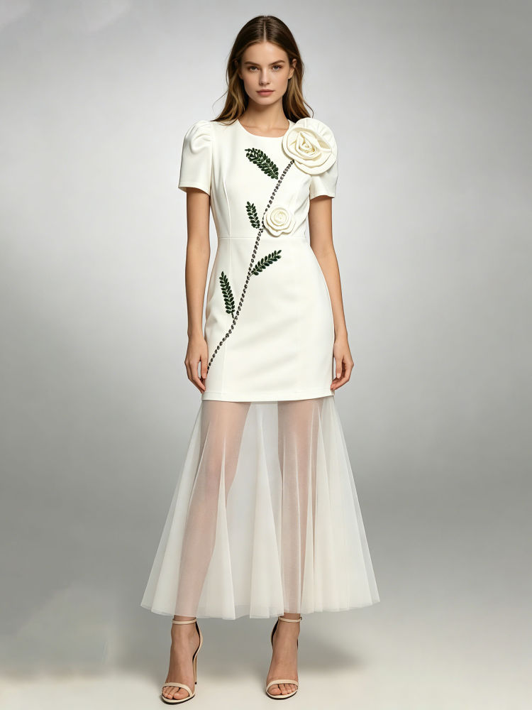 TWOTWINSTYLE Round Neck Patchwork Appliques Diamond Fashion Dress