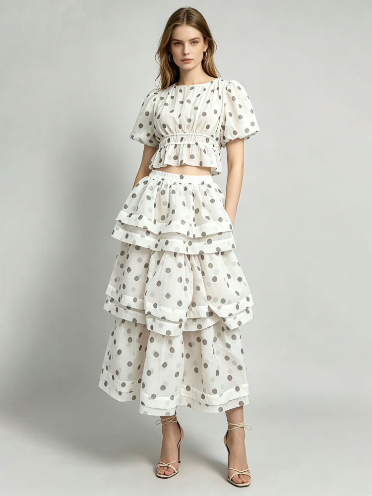 TWOTWINSTYLE Round Neck Puff Sleeve Crop Top Wave Point Skirt Elegant Dress