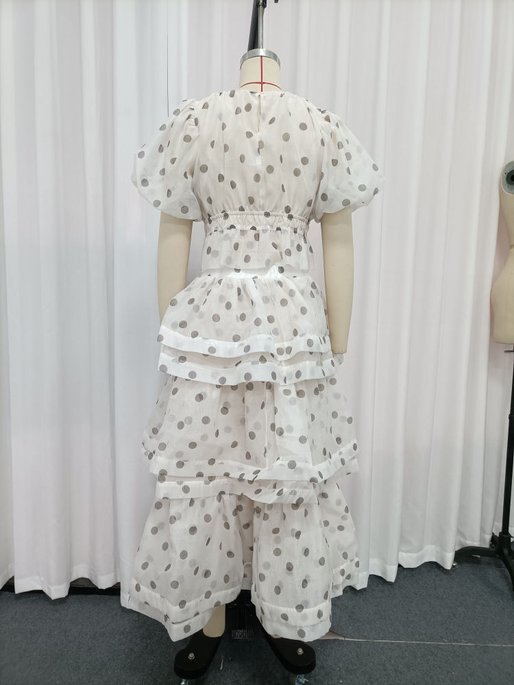 TWOTWINSTYLE Round Neck Puff Sleeve Crop Top Wave Point Skirt Elegant Dress