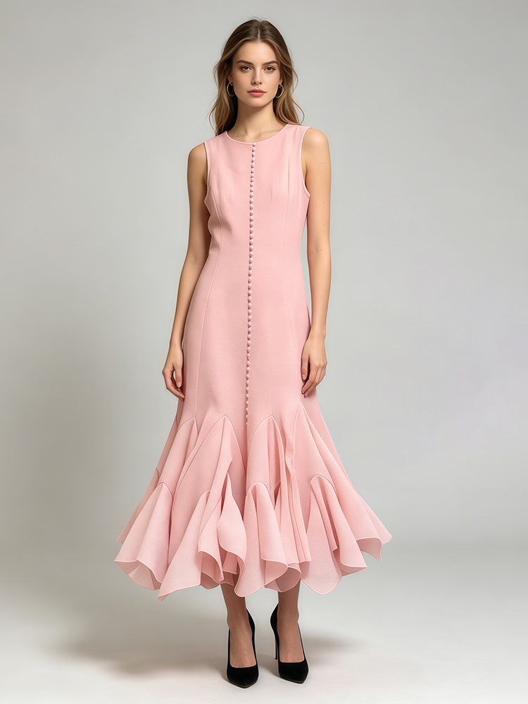 TWOTWINSTYLE Solid Round Neck Sleeveless Ruffle Hem Elegant Dress