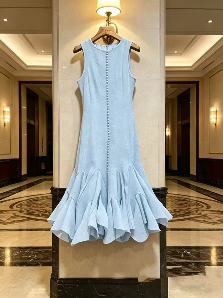 TWOTWINSTYLE Solid Round Neck Sleeveless Ruffle Hem Elegant Dress