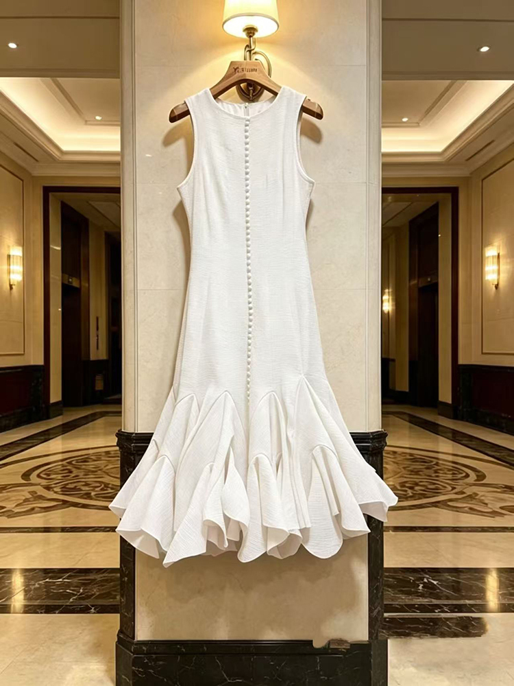 TWOTWINSTYLE Solid Round Neck Sleeveless Ruffle Hem Elegant Dress