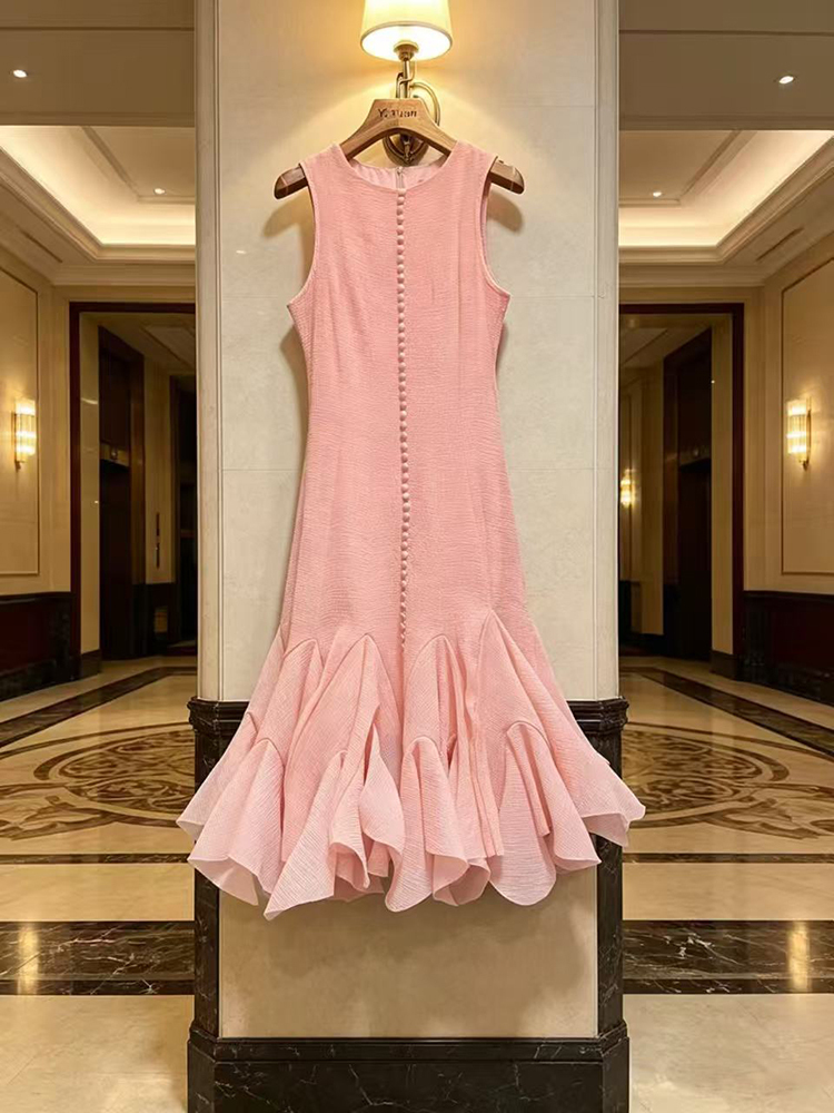 TWOTWINSTYLE Solid Round Neck Sleeveless Ruffle Hem Elegant Dress