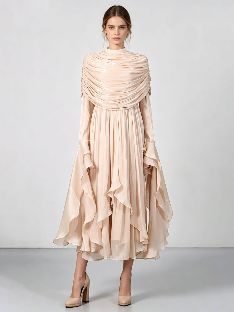 TWOTWINSTYLE Stand Collar Patchwork Shawl Long Sleeve Elegant Dress