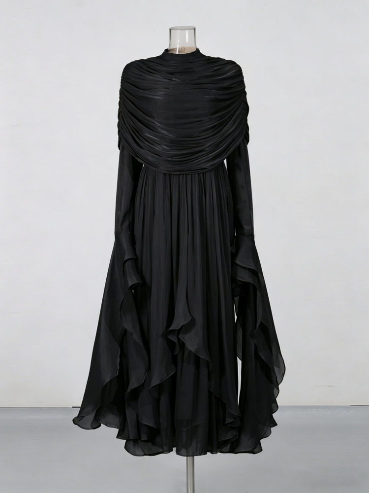 TWOTWINSTYLE Stand Collar Patchwork Shawl Long Sleeve Elegant Dress