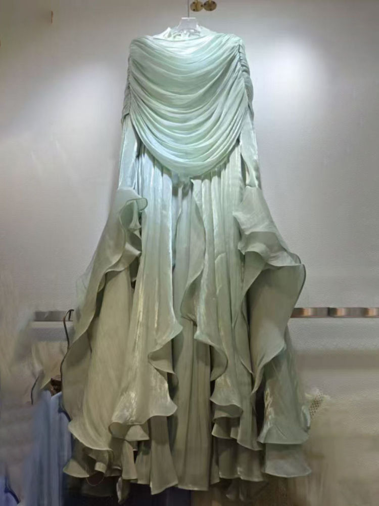 TWOTWINSTYLE Stand Collar Patchwork Shawl Long Sleeve Elegant Dress