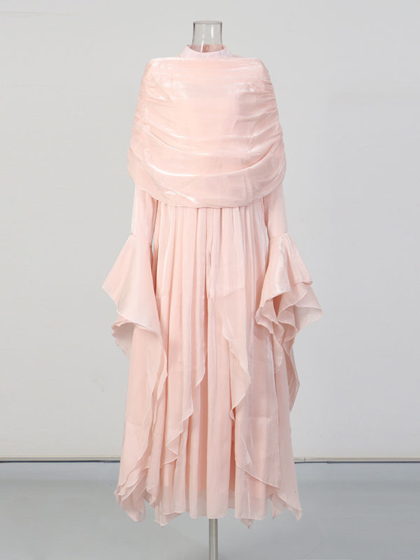 TWOTWINSTYLE Stand Collar Patchwork Shawl Long Sleeve Elegant Dress