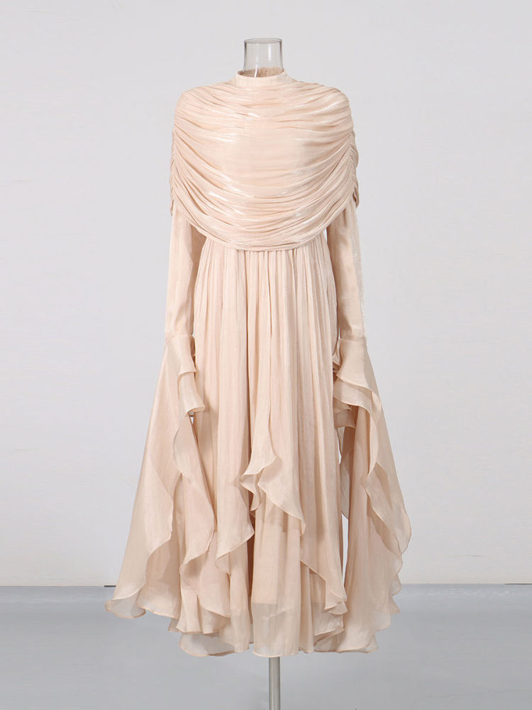 TWOTWINSTYLE Stand Collar Patchwork Shawl Long Sleeve Elegant Dress