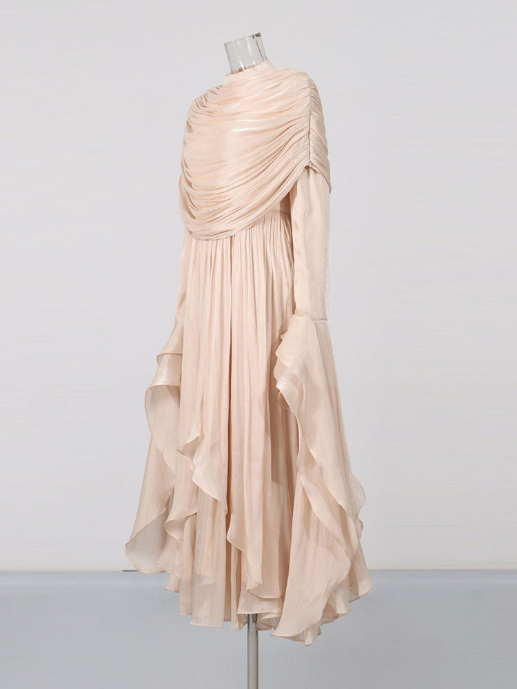 TWOTWINSTYLE Stand Collar Patchwork Shawl Long Sleeve Elegant Dress