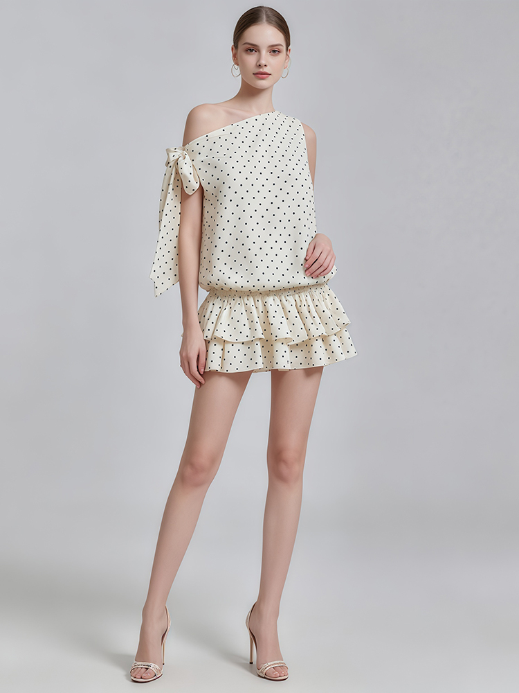 TWOTWINSTYLE Wave Point Sloping Shoulder Bowknot Tunic Chic Dress