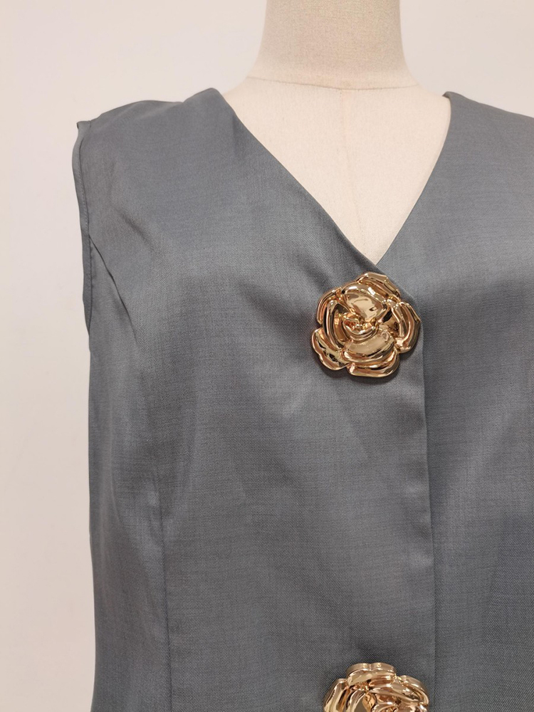 TWOTWINSTYLE V Neck Sleeveles Patchwork Metal Button Tunic Fashion Vest