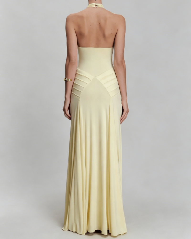 TWOTWINSTYLE Cross Halter Pleated Solid Vintage Midi Dress