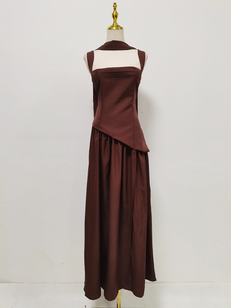 TWOTWINSTYLE Solid Sleeveles Tunic Side Split Vintage Dress