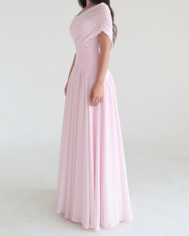 TWOTWINSTYLE Solid Off Shoulder Ruched Tunic Chiffon Elegant Dress