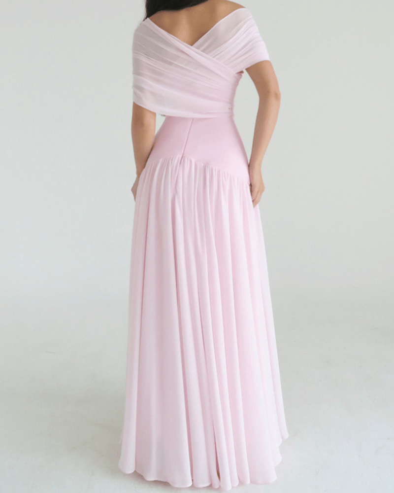 TWOTWINSTYLE Solid Off Shoulder Ruched Tunic Chiffon Elegant Dress