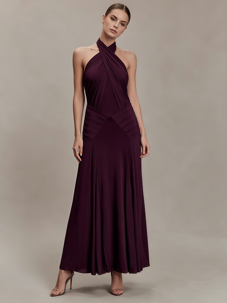 TWOTWINSTYLE Cross Halter Pleated Solid Vintage Midi Dress