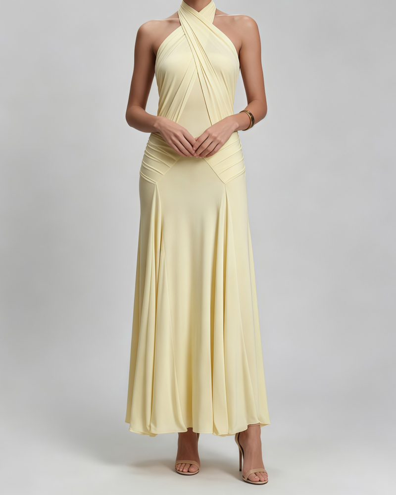 TWOTWINSTYLE Cross Halter Pleated Solid Vintage Midi Dress