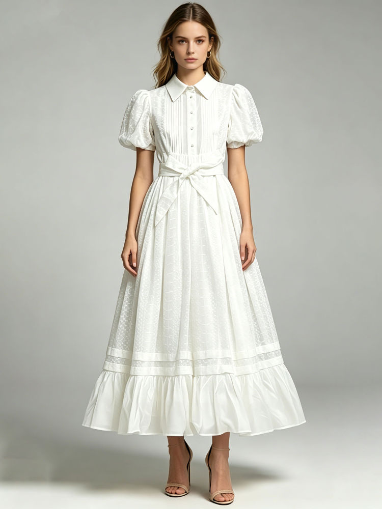 TWOTWINSTYLE Lapel Puff Sleeve Tunic Minimalist Midi Dress