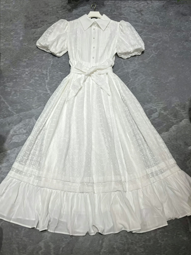 TWOTWINSTYLE Lapel Puff Sleeve Tunic Minimalist Midi Dress