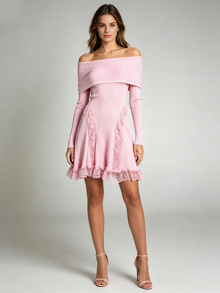 TWOTWINSTYLE Off Shoulder Long Sleeve Patchwork Lace Fashion Dress