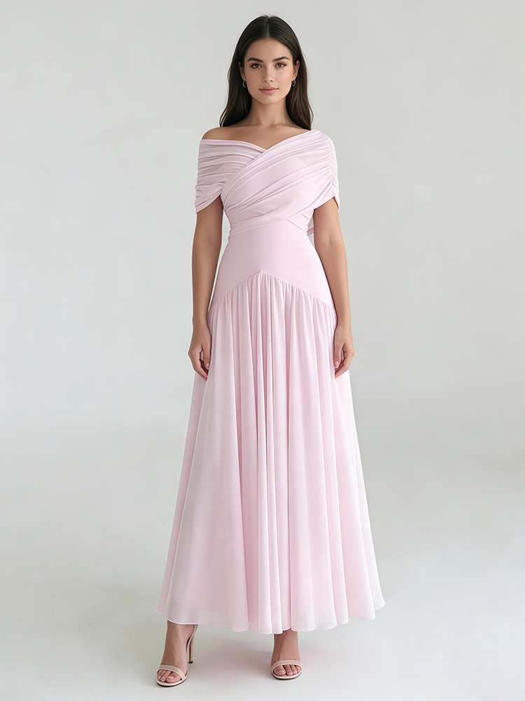 TWOTWINSTYLE Solid Off Shoulder Ruched Tunic Chiffon Elegant Dress