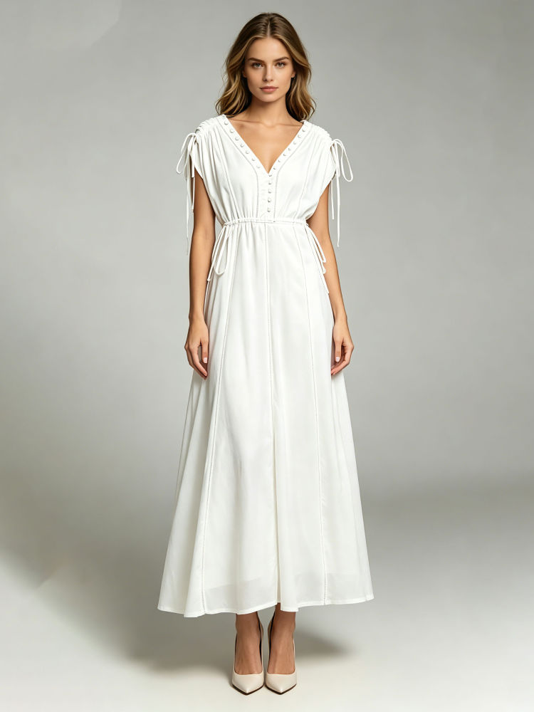 TWOTWINSTYLE Solid V Neck Sleeveles Spliced Lace Up Elegant Dress