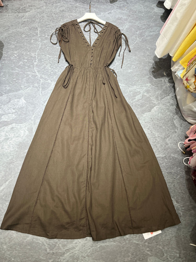 TWOTWINSTYLE Solid V Neck Sleeveles Spliced Lace Up Elegant Dress