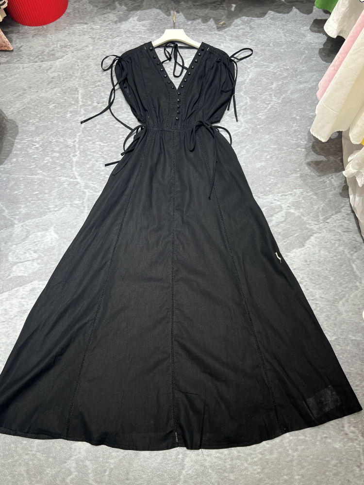 TWOTWINSTYLE Solid V Neck Sleeveles Spliced Lace Up Elegant Dress