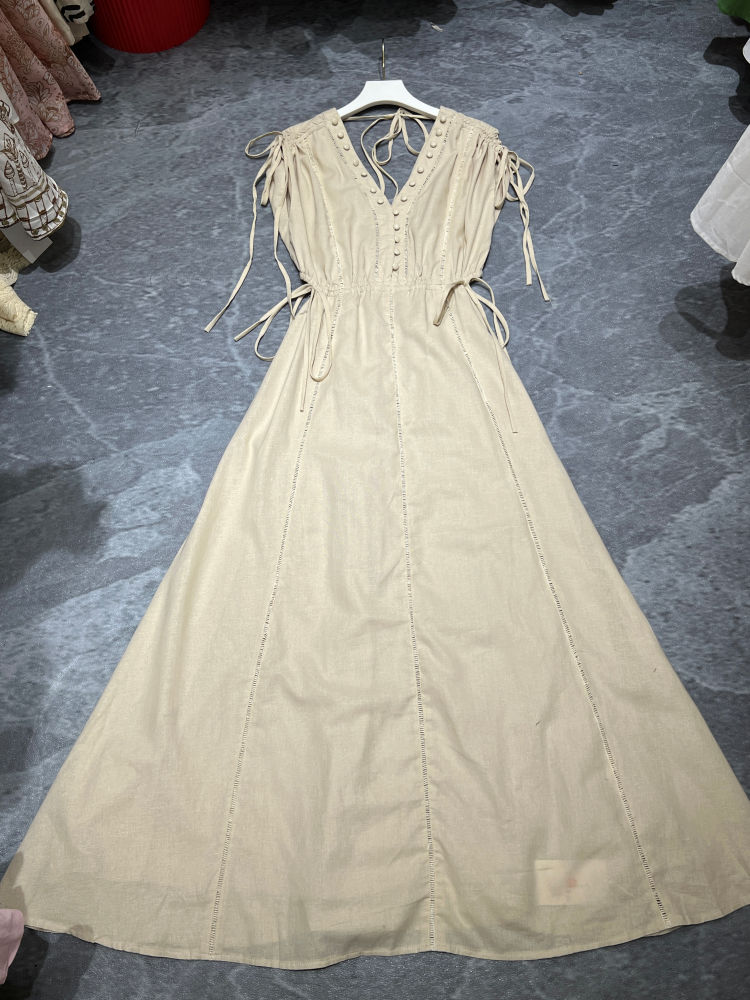 TWOTWINSTYLE Solid V Neck Sleeveles Spliced Lace Up Elegant Dress