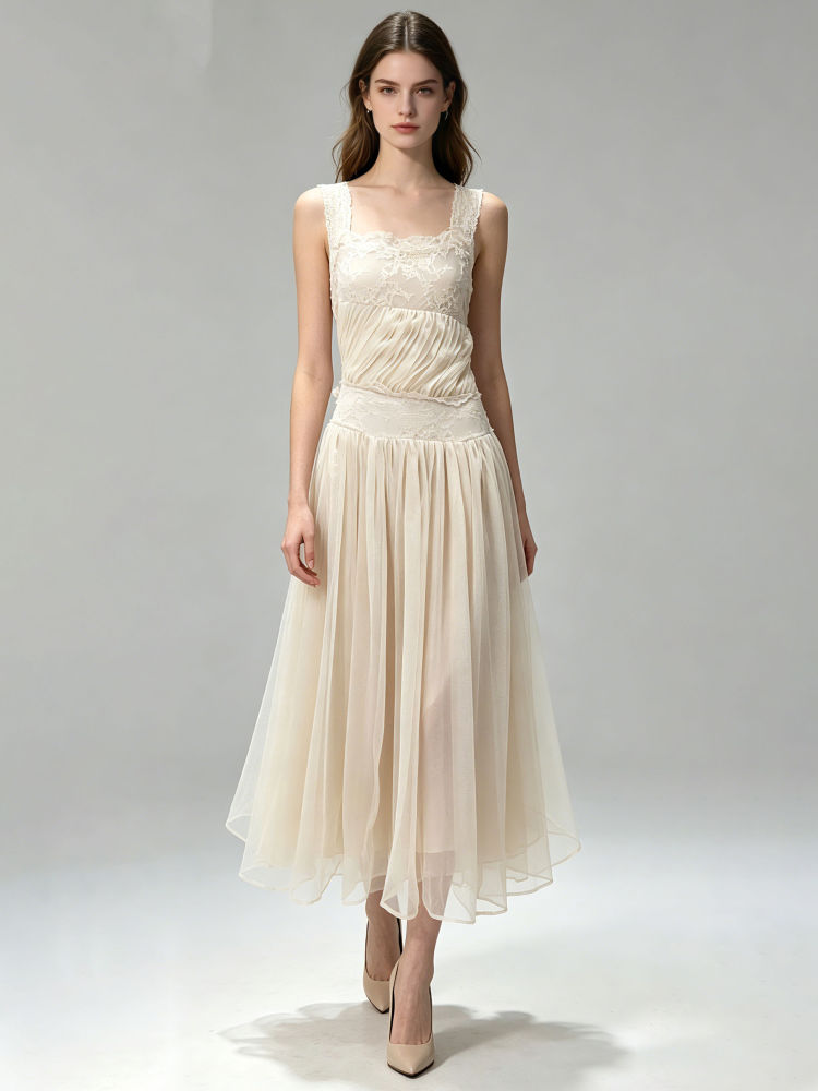 TWOTWINSTYLE Spliced Lace Mesh High Waist Designer Camisole Dress